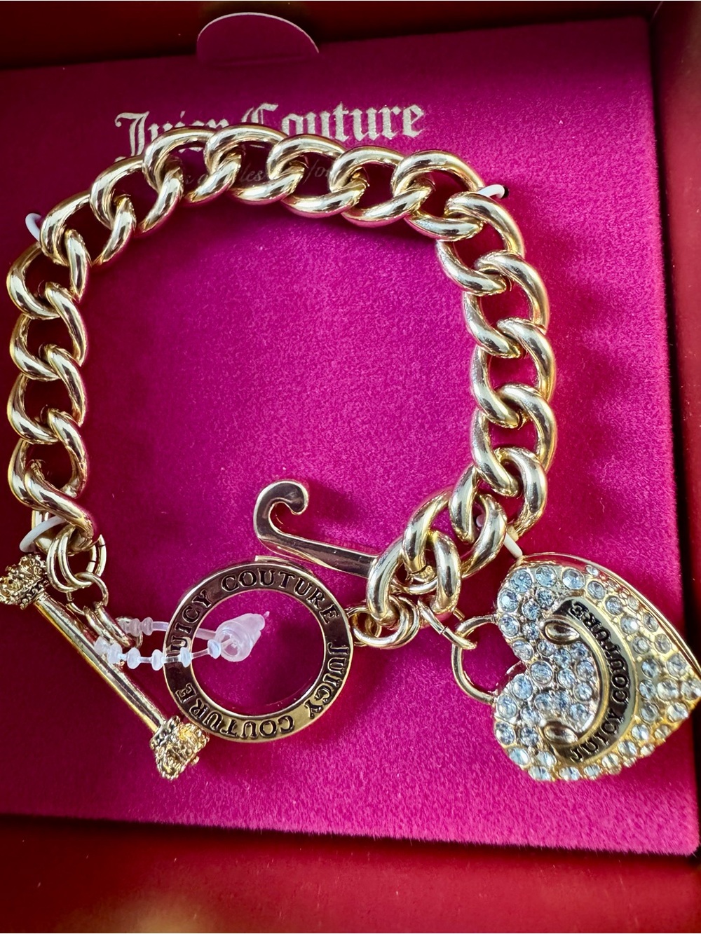Juicy Couture Gold Charm Bracelet Heart Rhinestone Key Toggle NWT Box